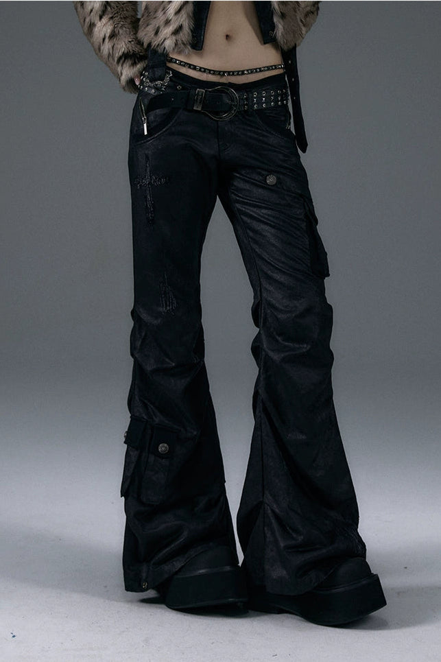 low waist leather flare pants