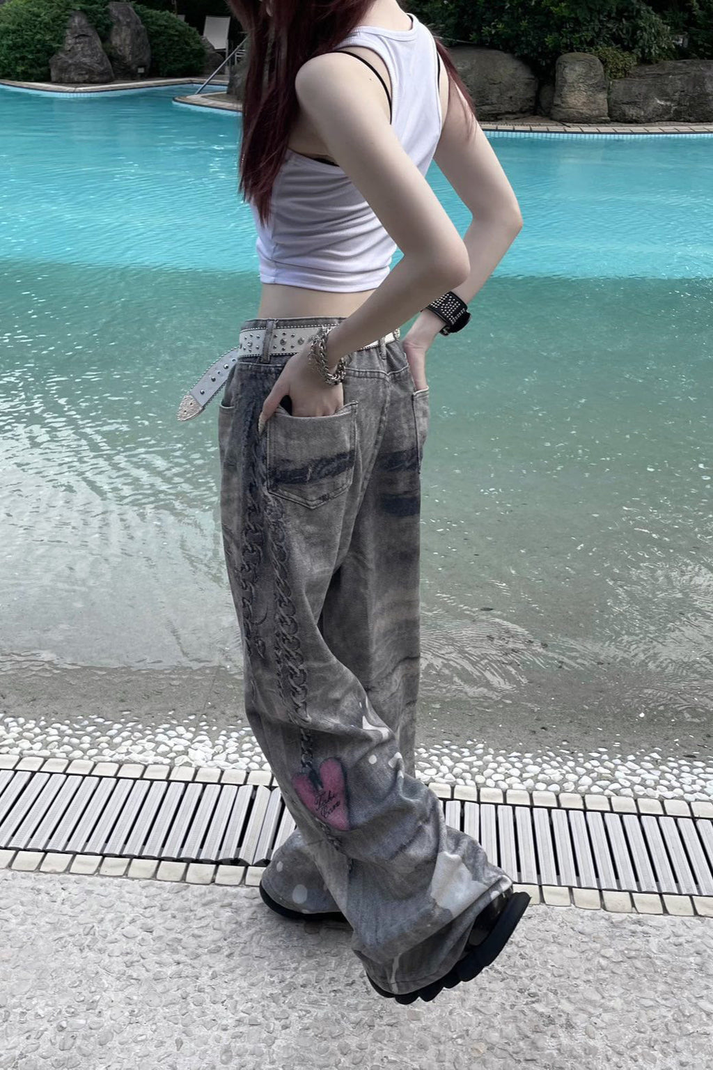 silver chain accent jeans KSG19421