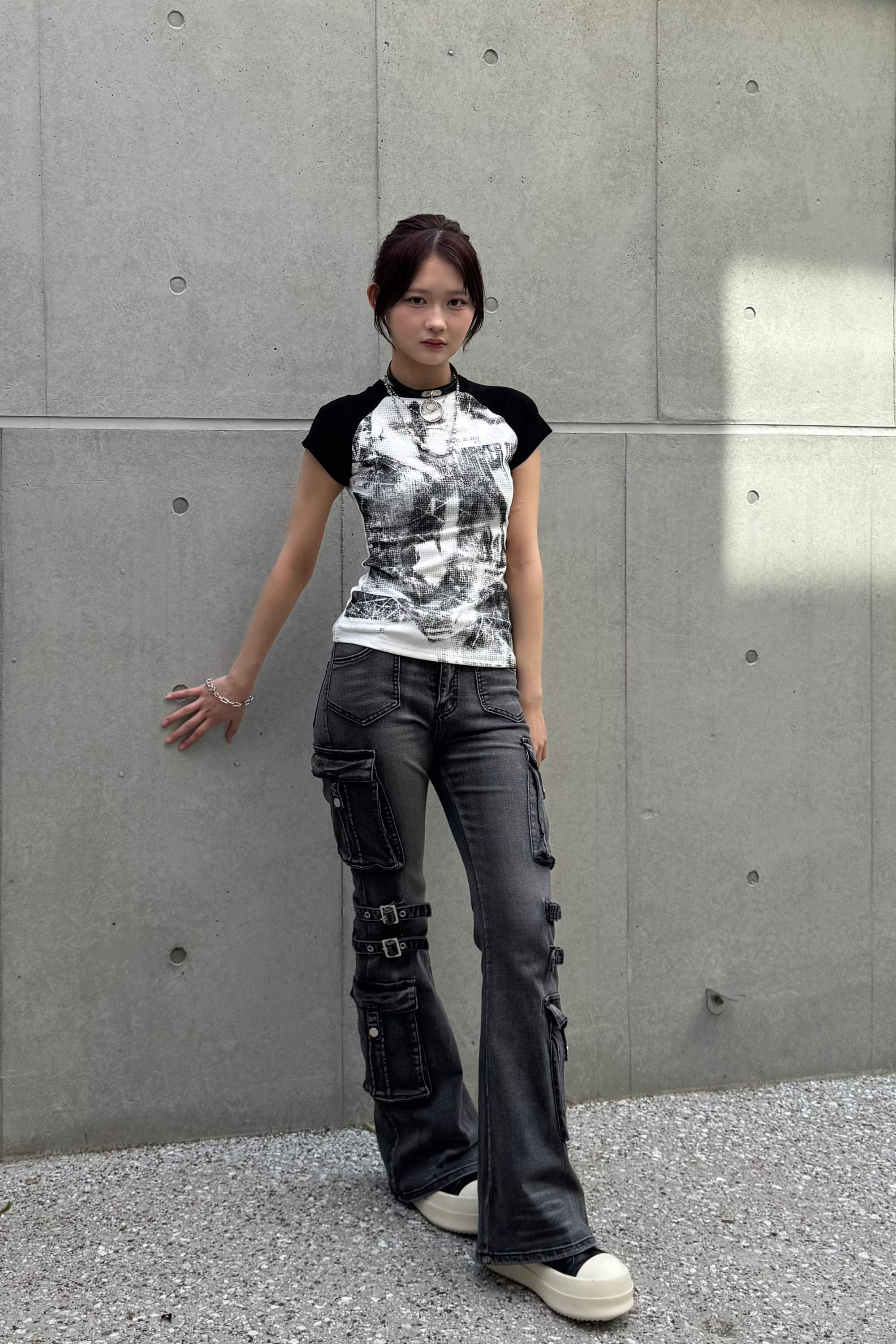 wash design belt flare pants KSG19275