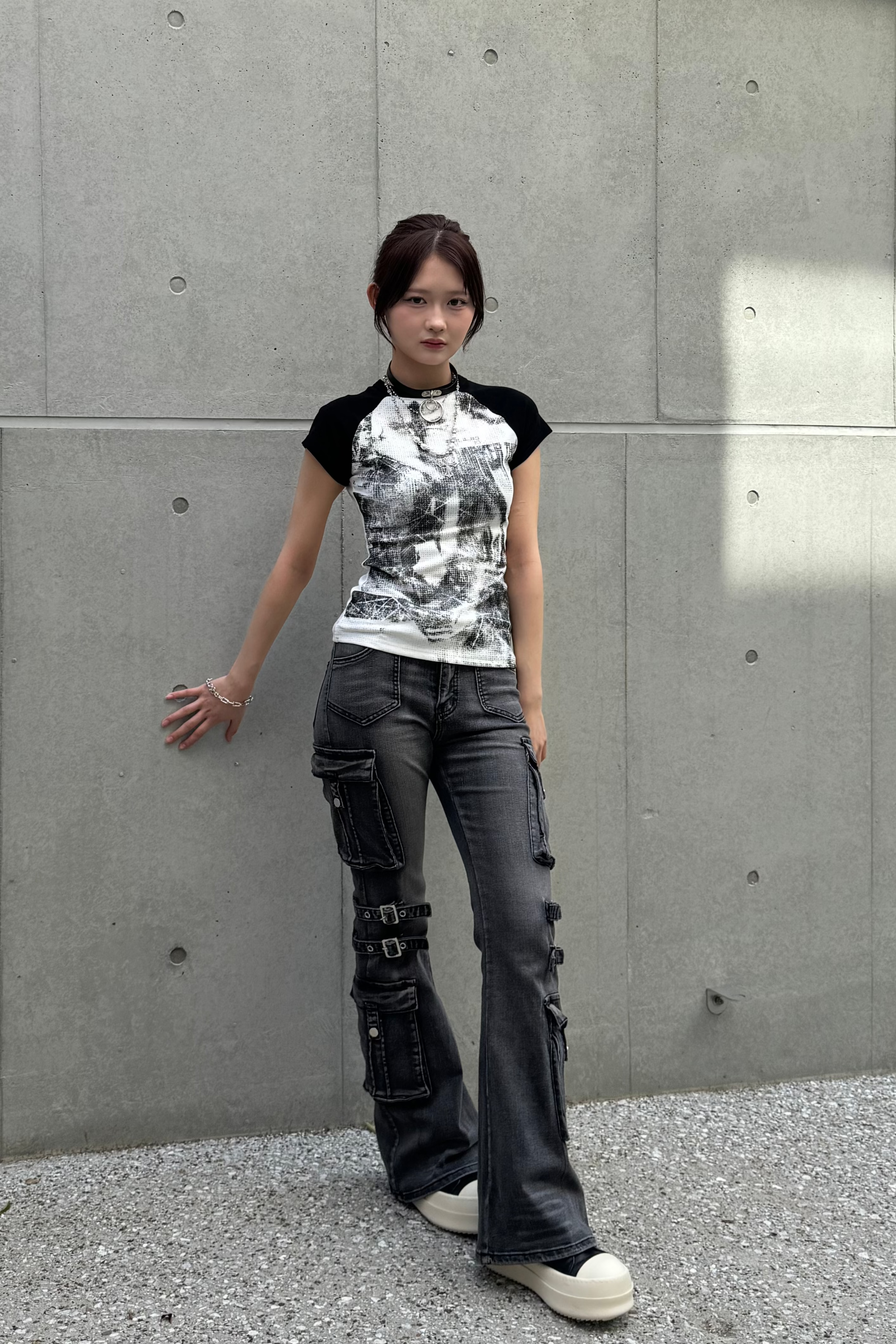 wash design belt flare pants KSG19275