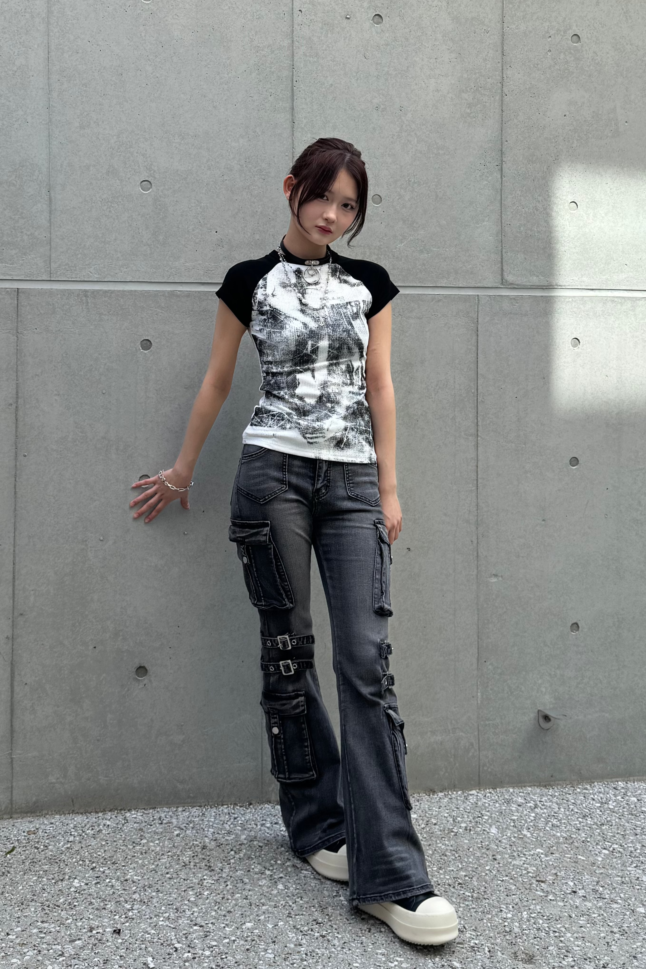 wash design belt flare pants KSG19275