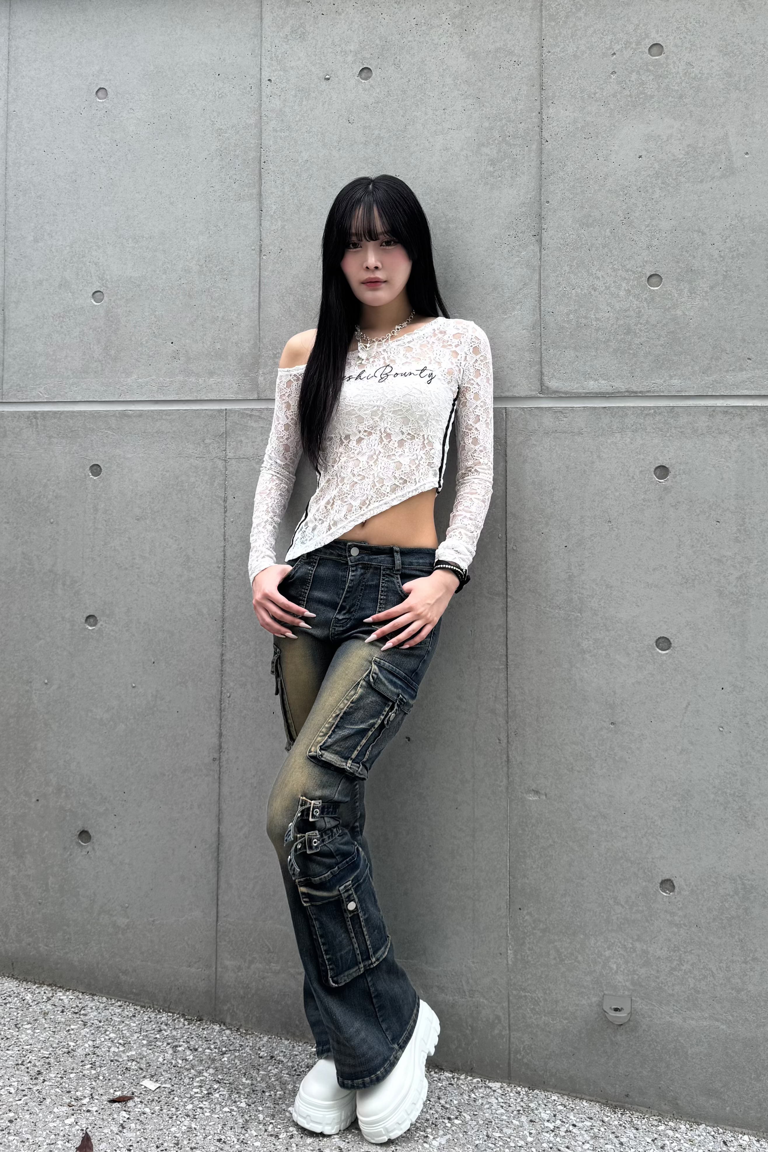 wash design belt flare pants KSG19275