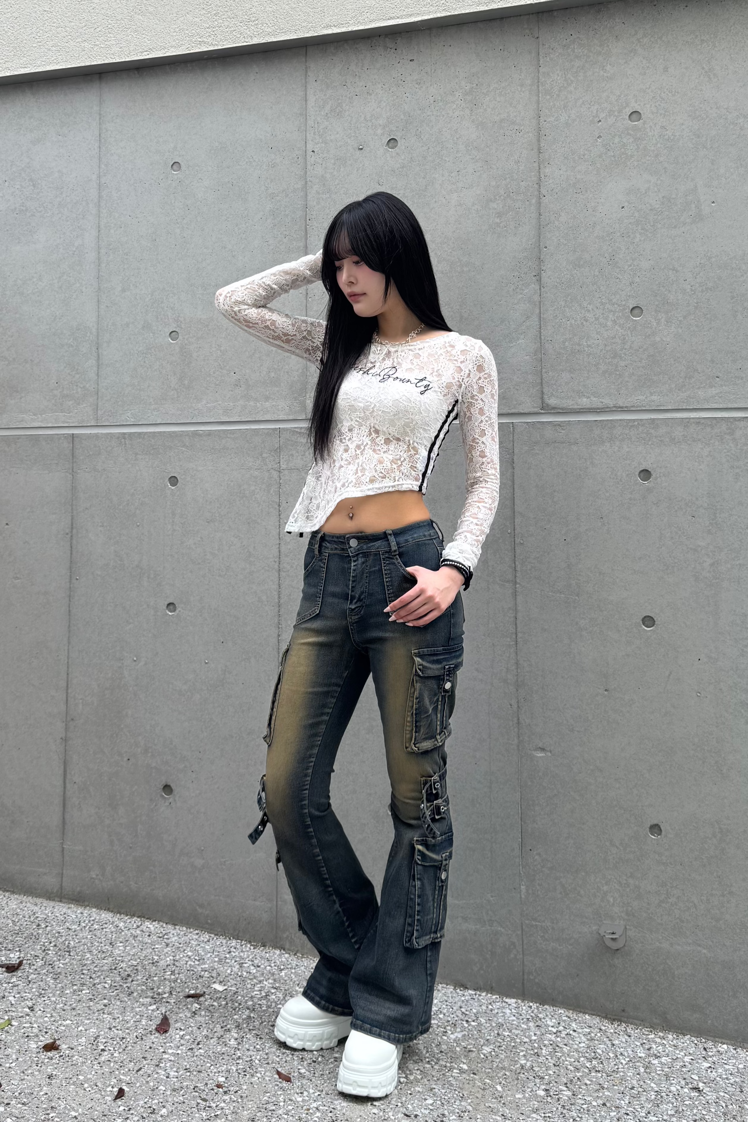 wash design belt flare pants KSG19275