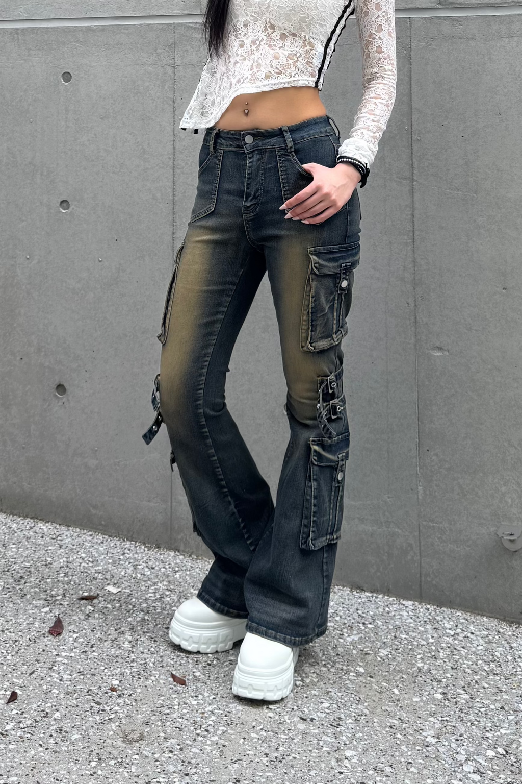 wash design belt flare pants KSG19275