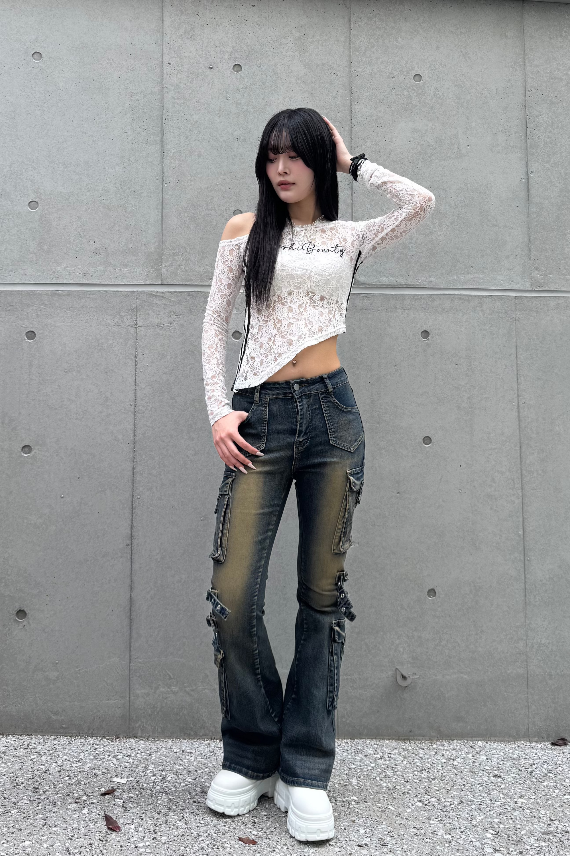 wash design belt flare pants KSG19275
