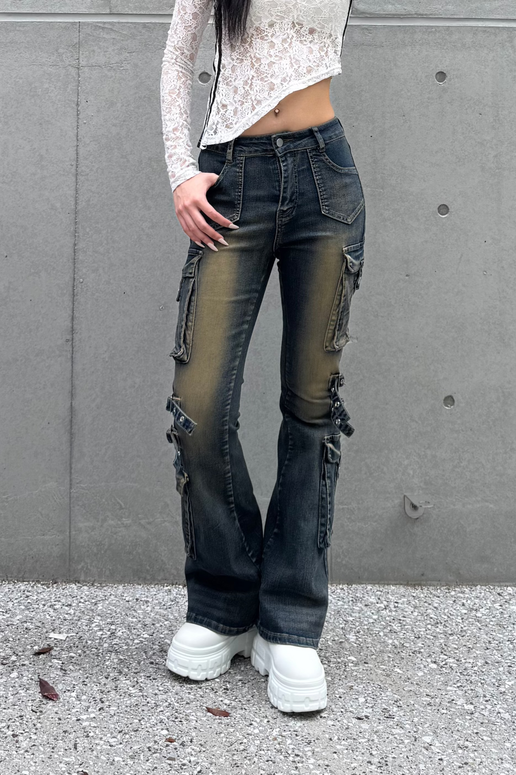 wash design belt flare pants KSG19275