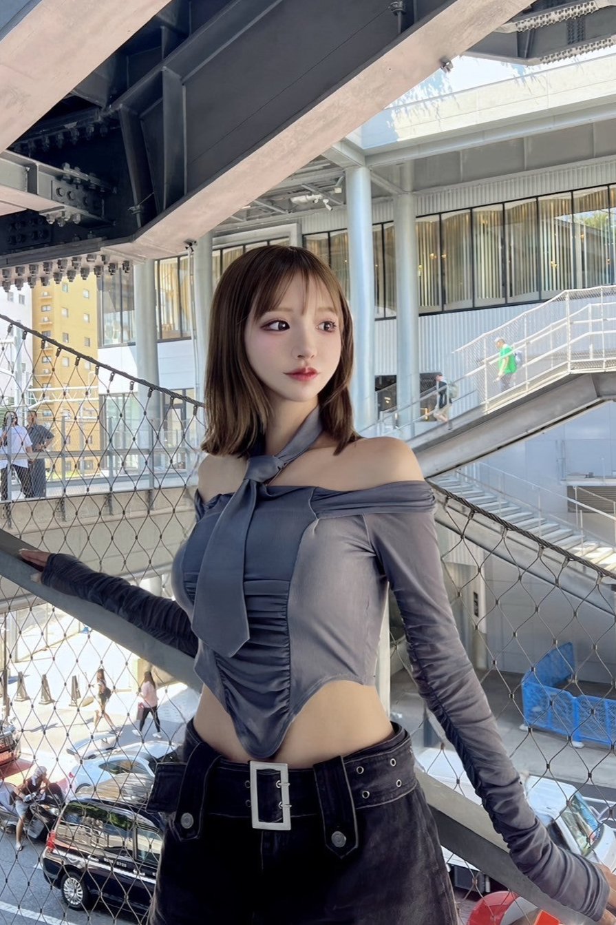 Sweet Spicy Retro Gray Off-Shoulder Top