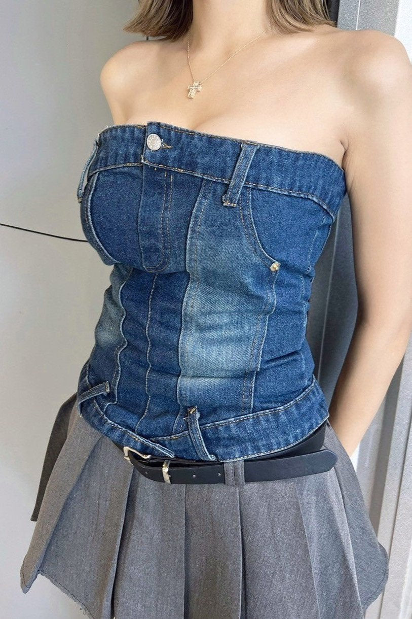 Playful Girl Irregular Denim Strapless Top