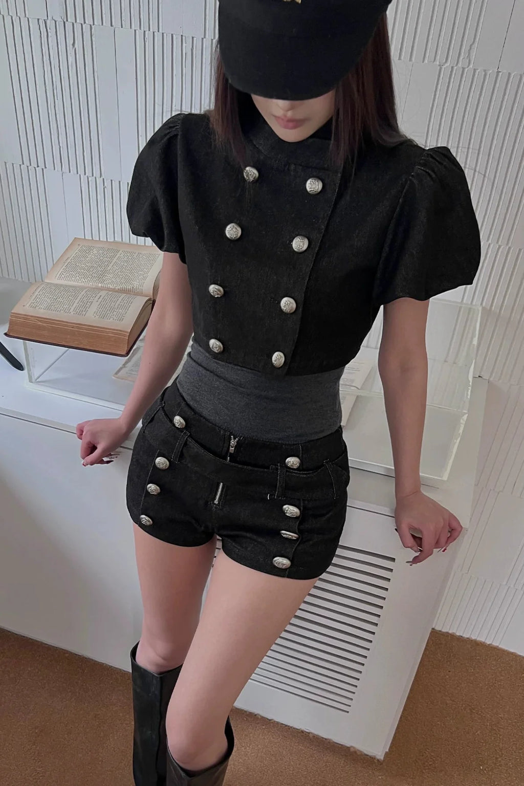 military puff sleeve top10023