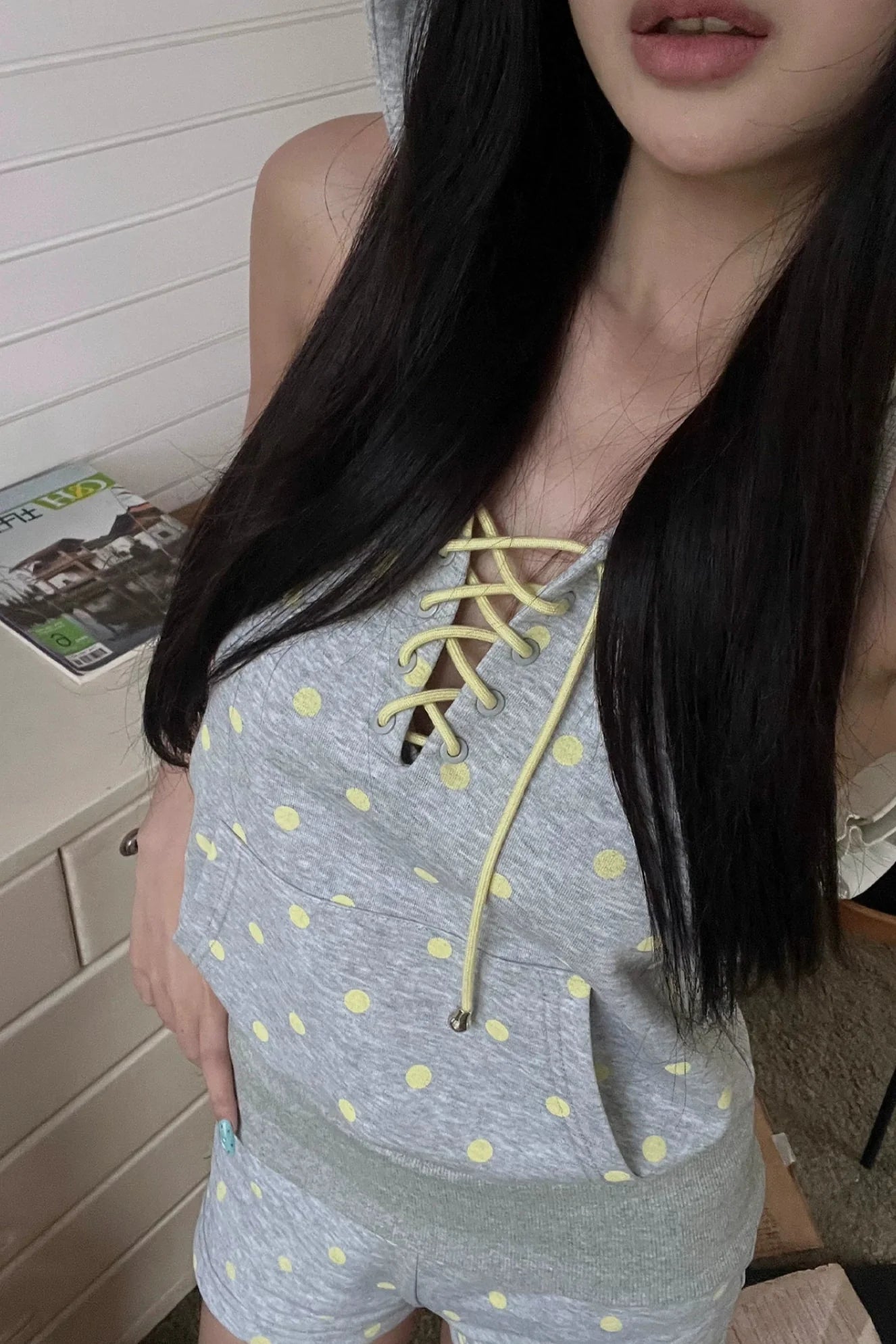 dot lace up hoodie top10017