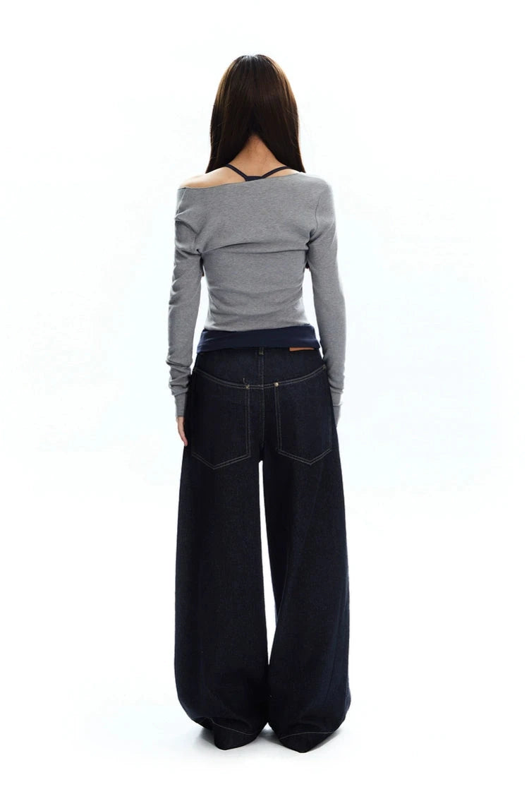 string belt wide denim pants