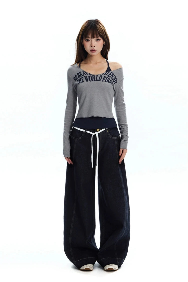 string belt wide denim pants