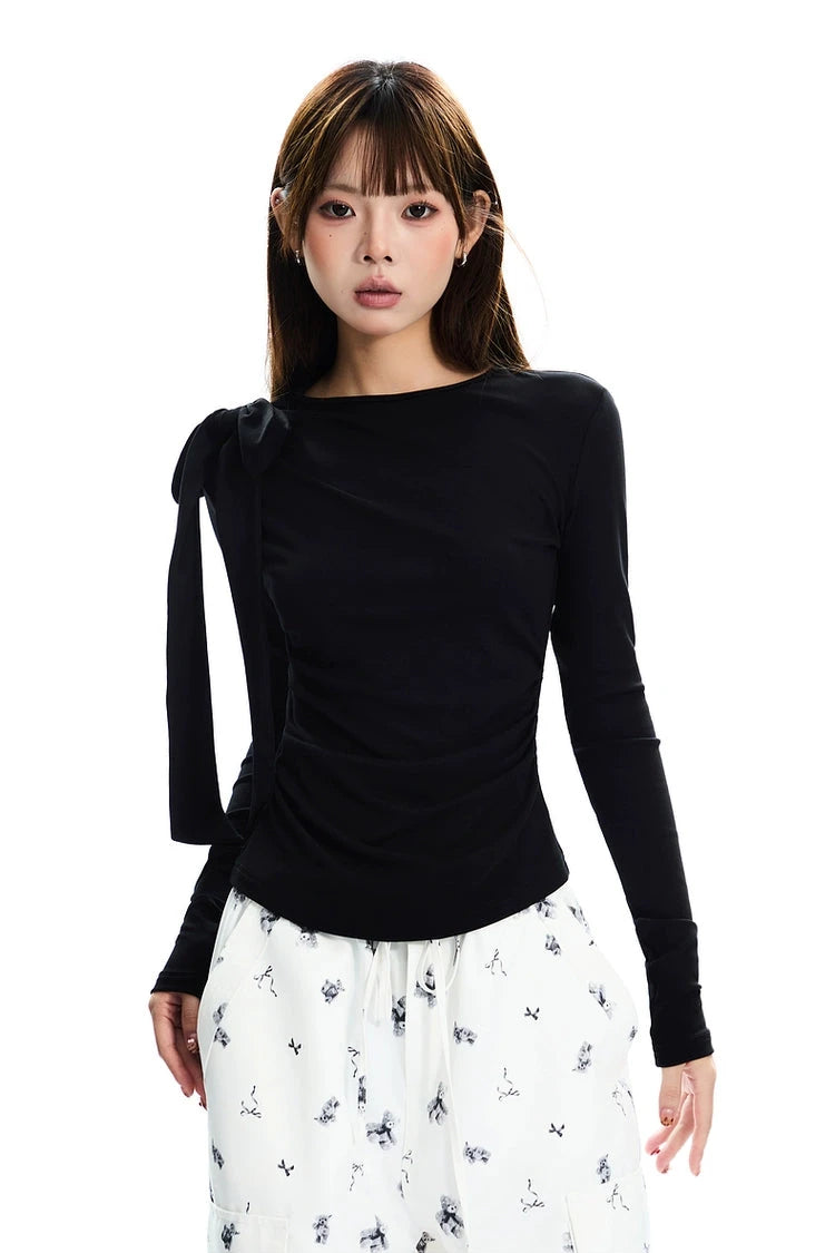 Cozyfit asymmetrical bow long-sleeved shirt