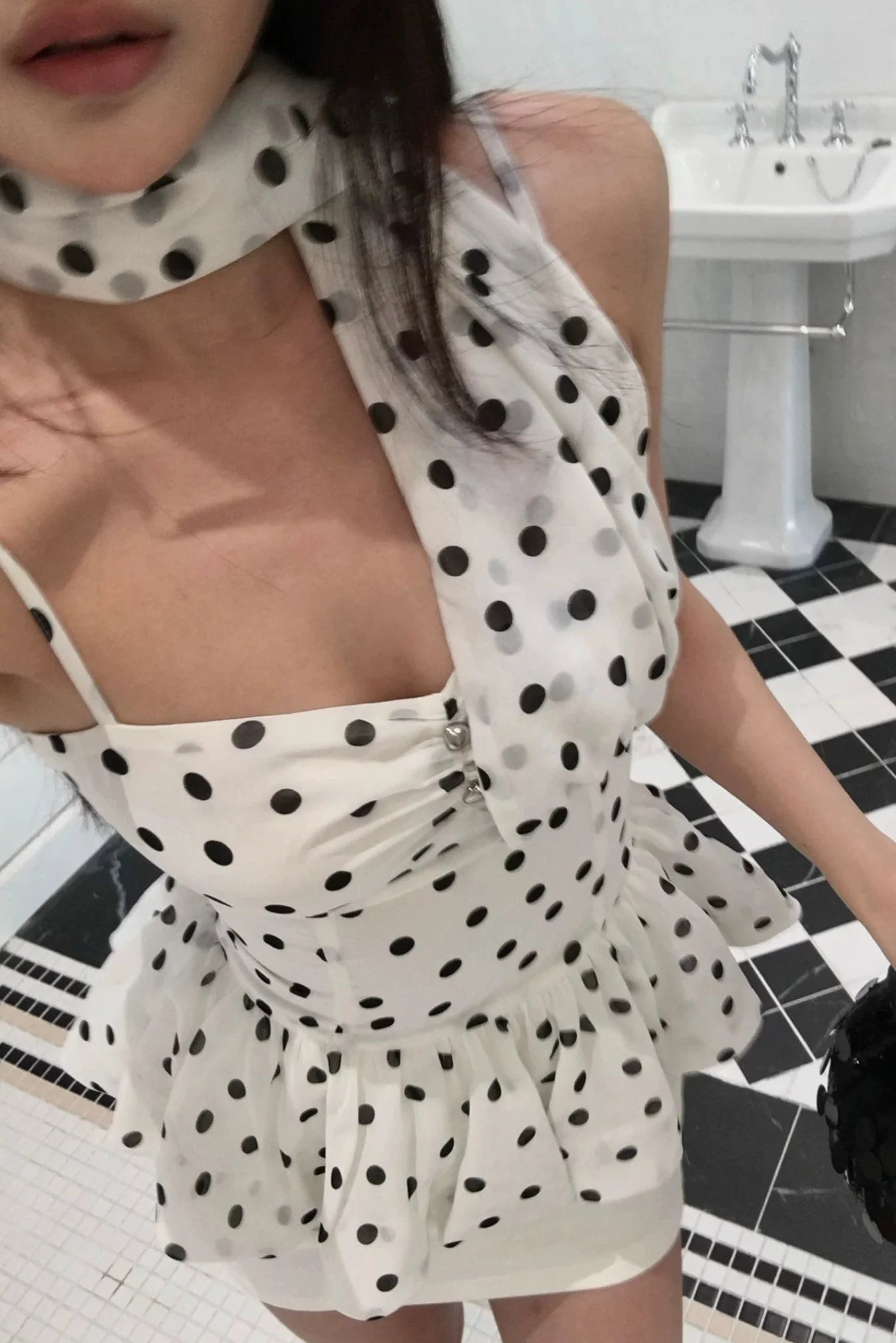 one shoulder drape dot mini dress10009