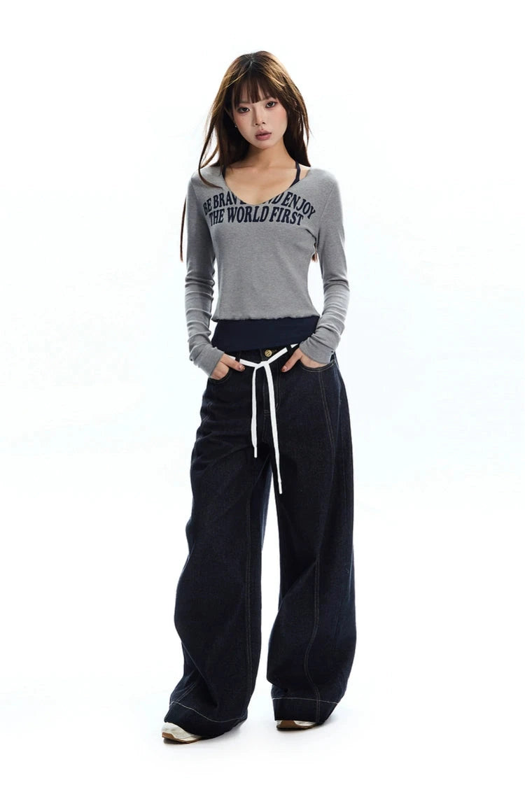 string belt wide denim pants