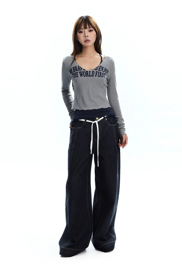 string belt wide denim pants