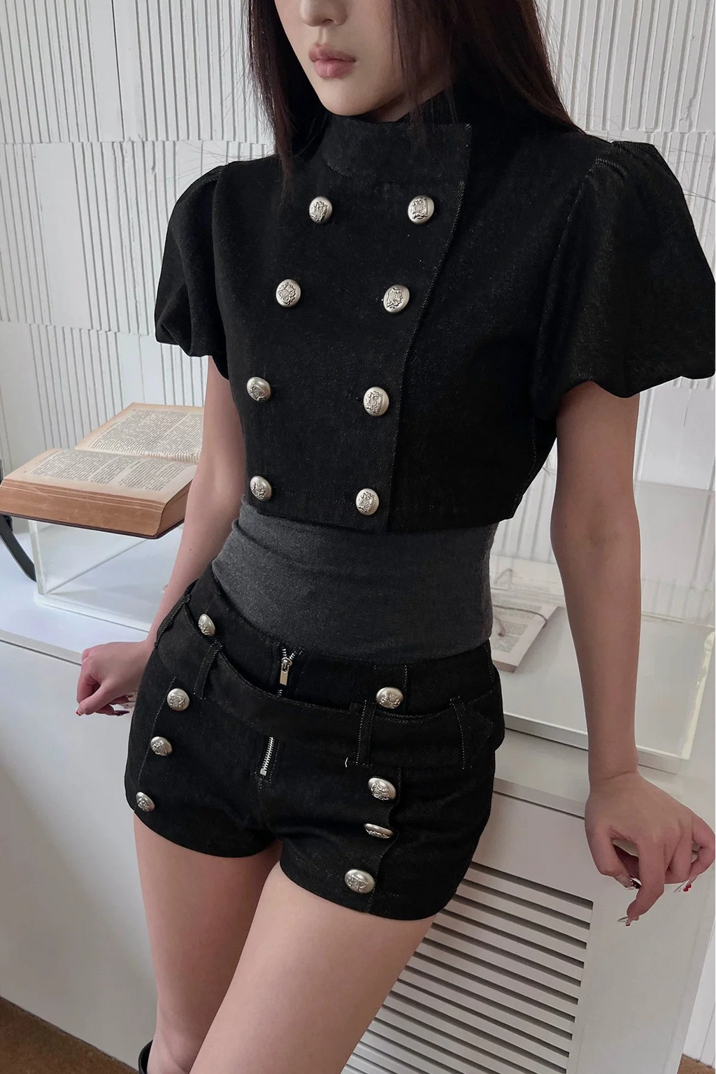 military puff sleeve top10023