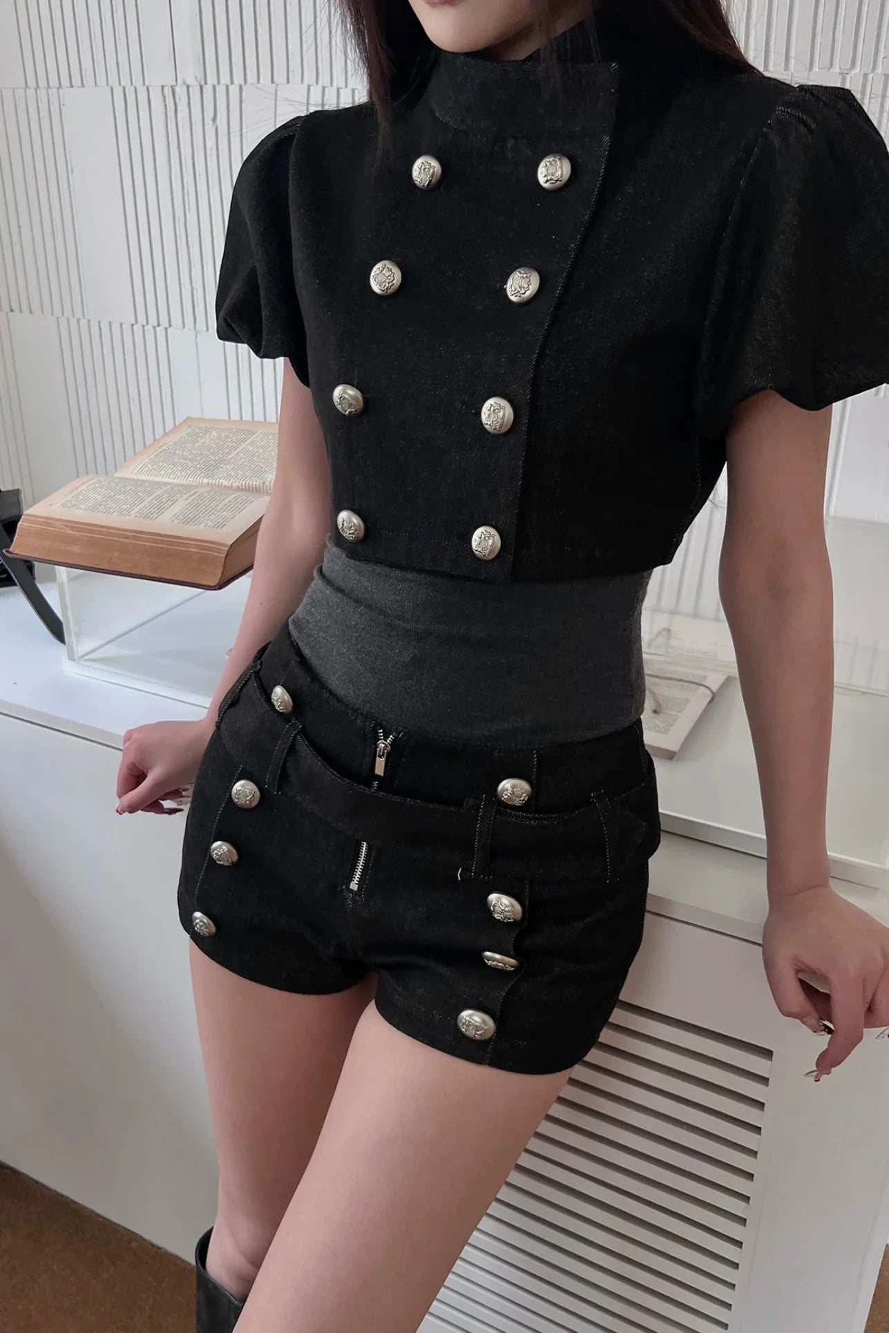 military double breasted short pants10024