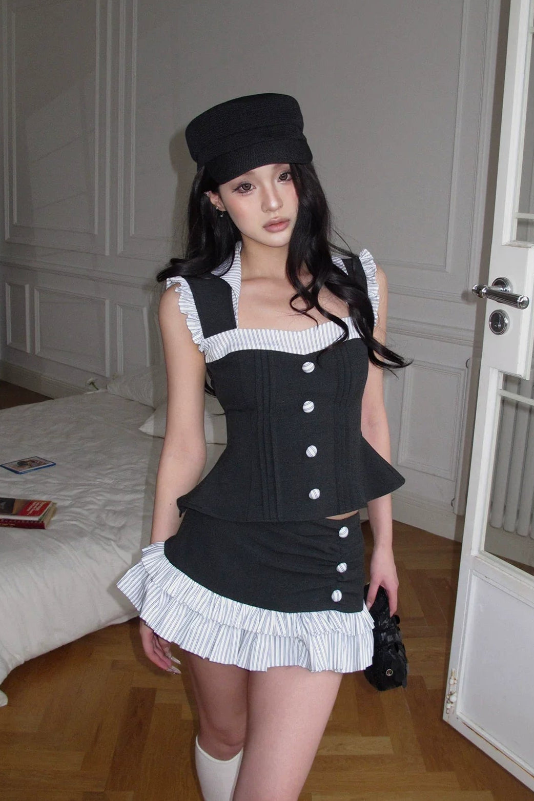 monochrome striped frill skirt10039
