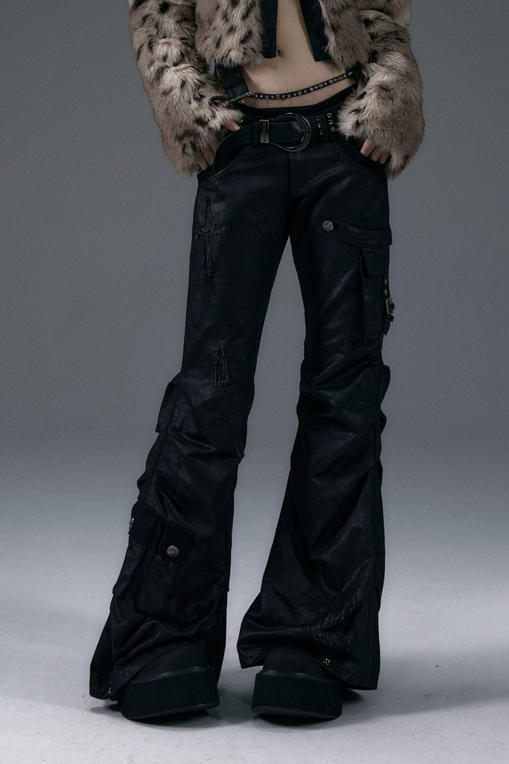 low waist leather flare pants