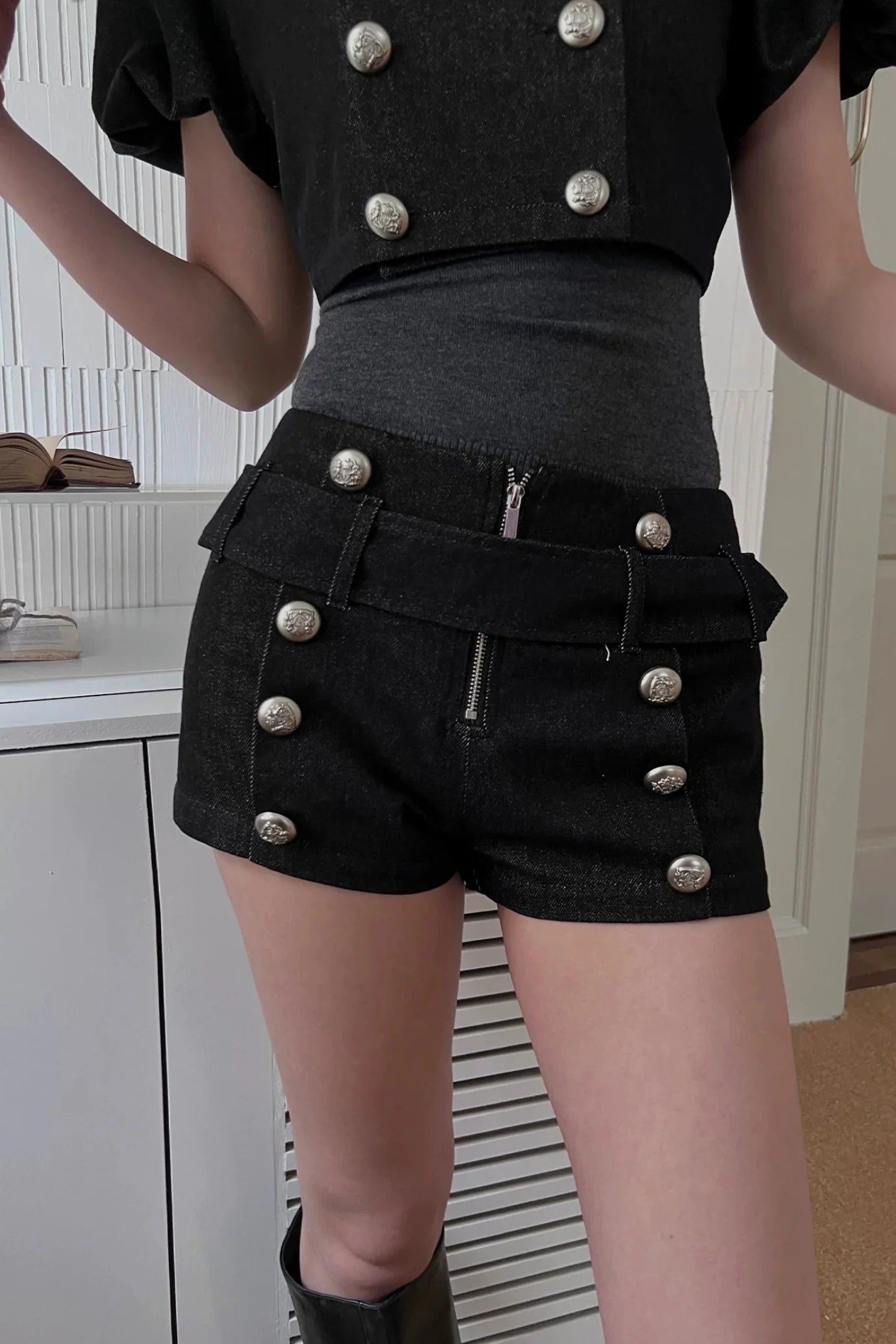 military double breasted short pants10024