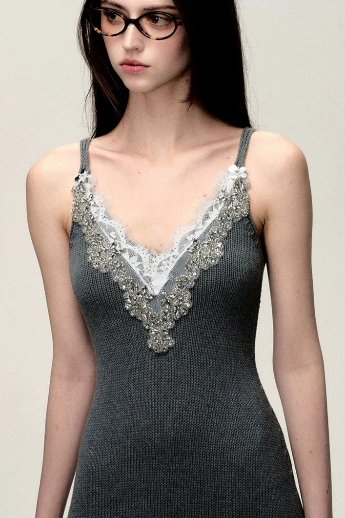 summer waist vneck knit halter dress