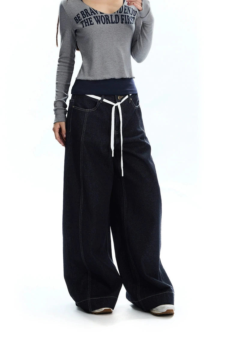 string belt wide denim pants