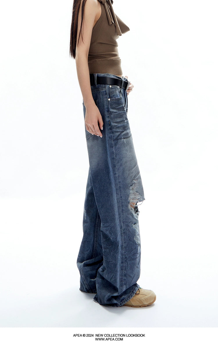 vintage dirty wash wide-leg denim pants