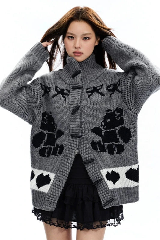 bear printed knitted cardigan