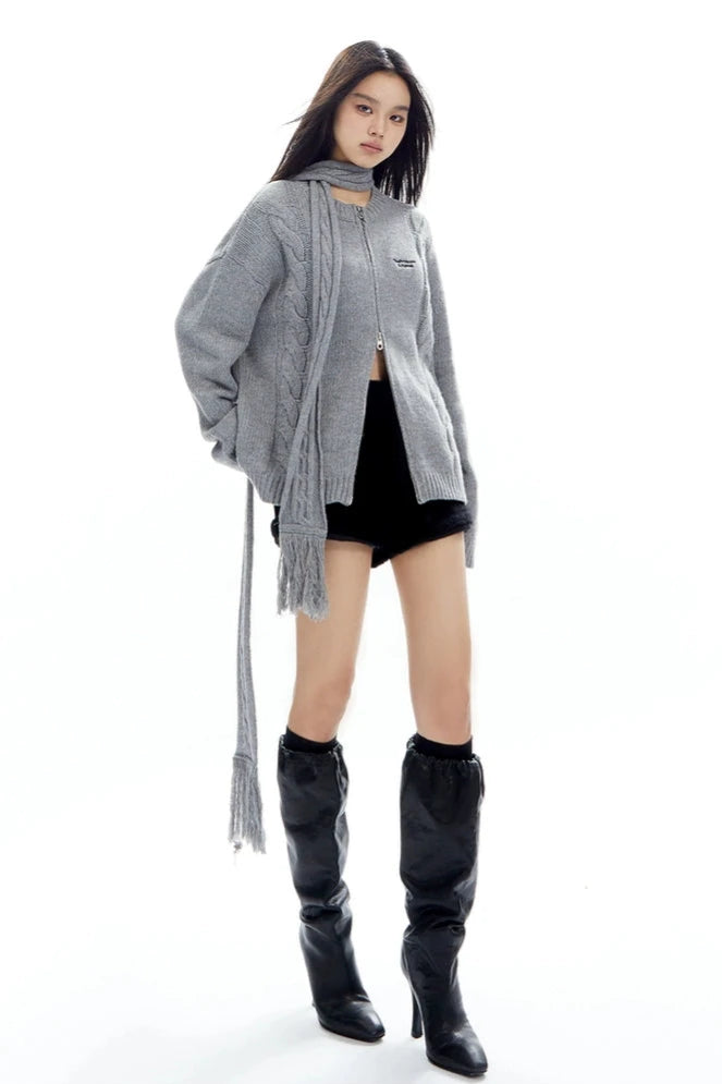 muffler loose knit cardigan