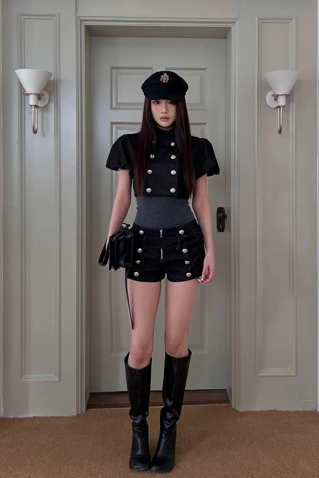 military puff sleeve top10023