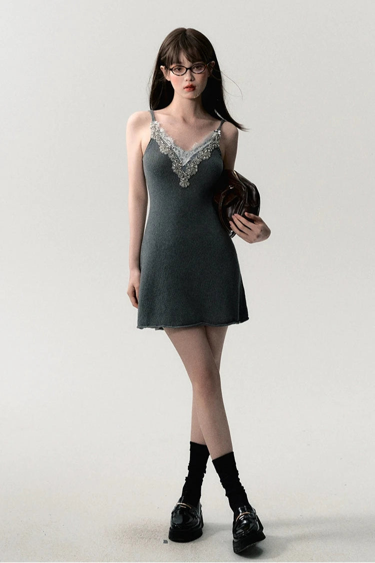 summer waist vneck knit halter dress