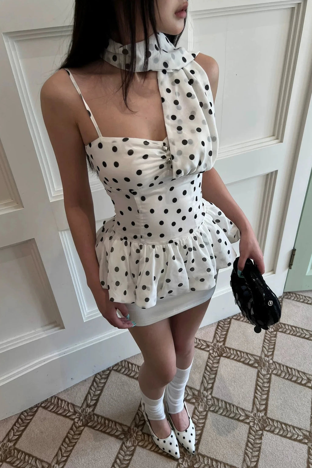 one shoulder drape dot mini dress10009