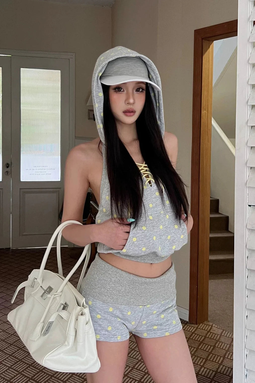 dot lace up hoodie top10017