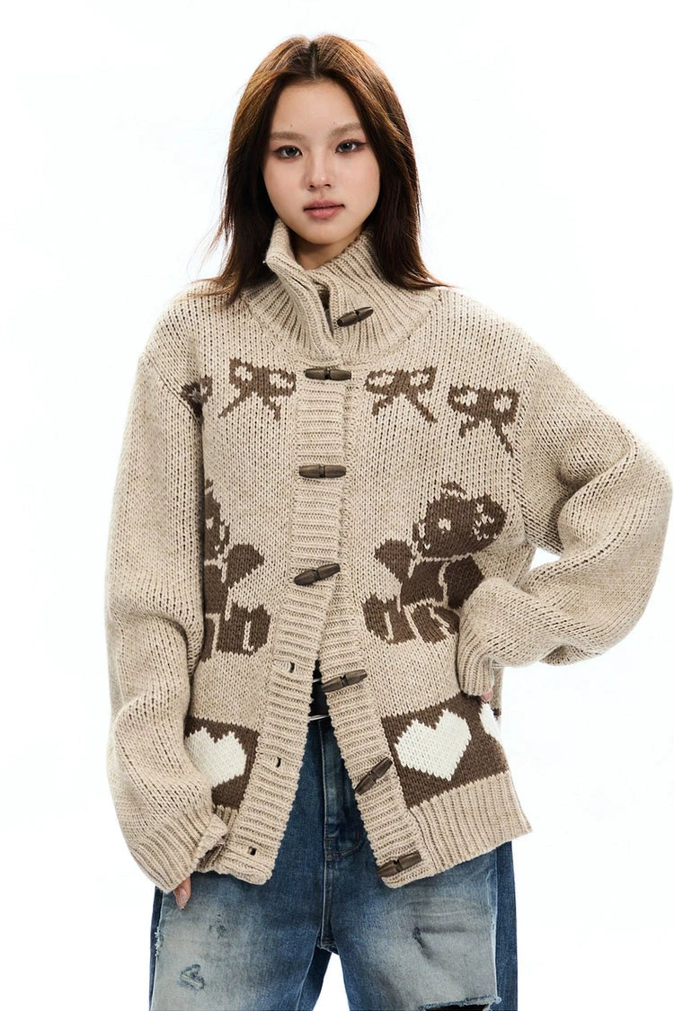 bear printed knitted cardigan