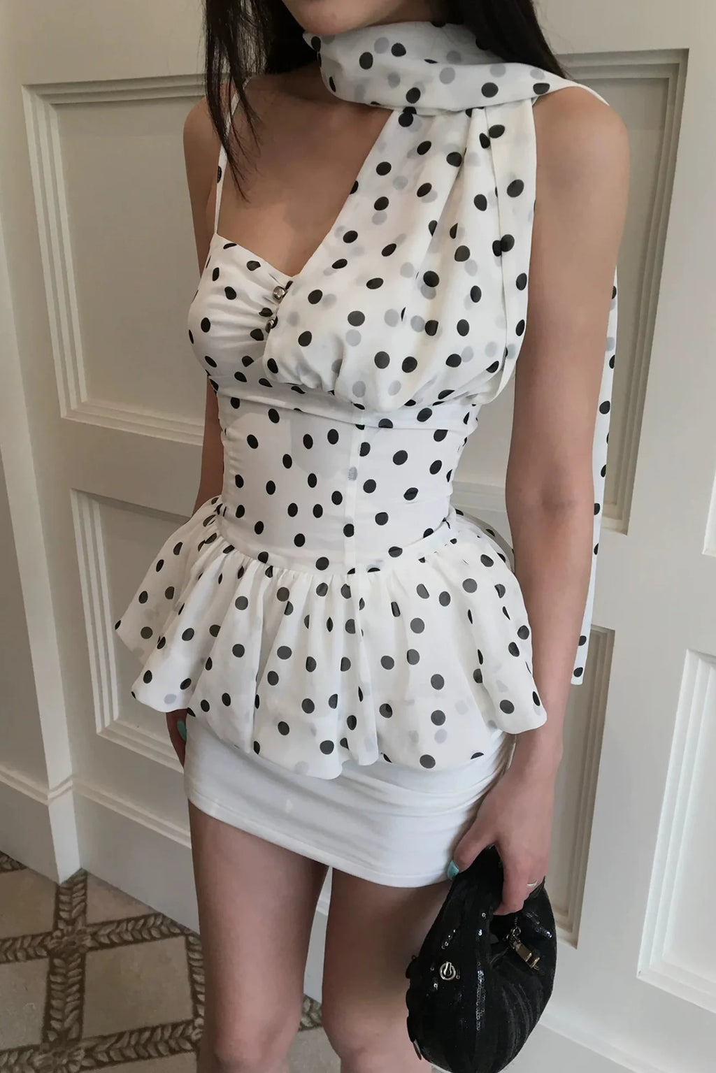 one shoulder drape dot mini dress10009