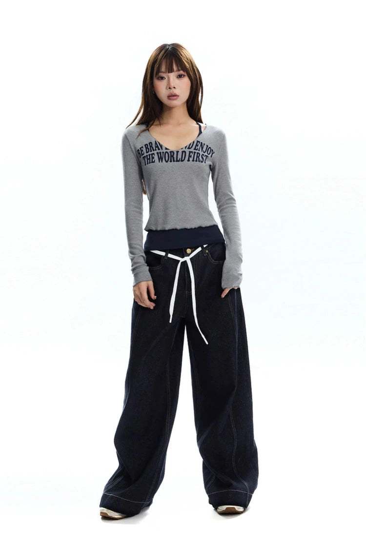 string belt wide denim pants