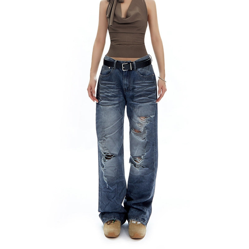 vintage dirty wash wide-leg denim pants