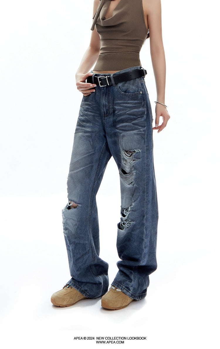 vintage dirty wash wide-leg denim pants