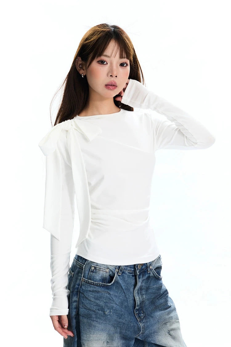 Cozyfit asymmetrical bow long-sleeved shirt