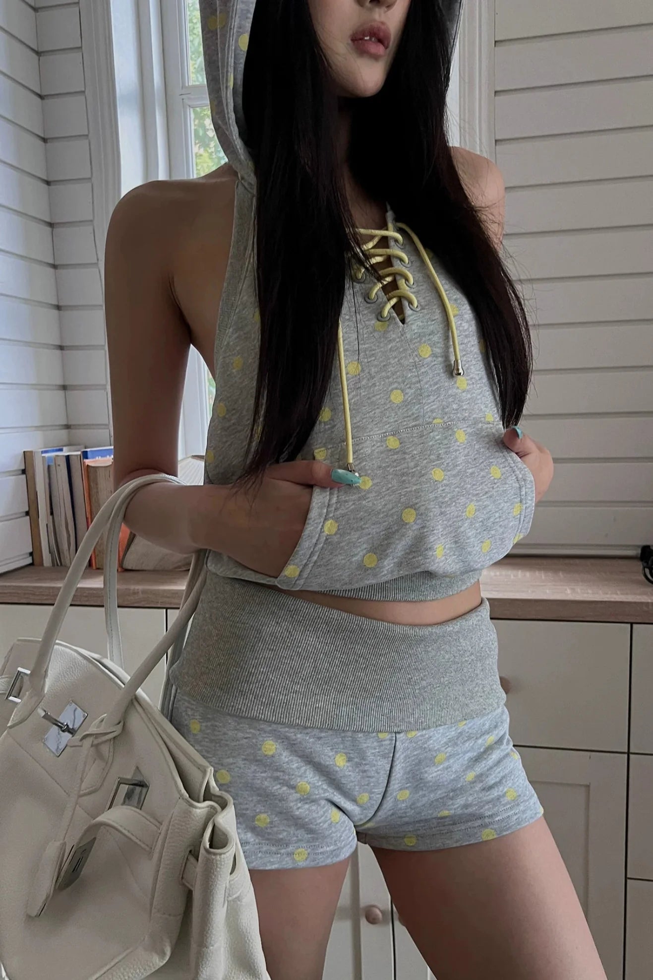 dot lace up hoodie top10017
