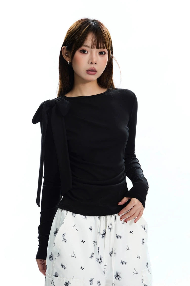 Cozyfit asymmetrical bow long-sleeved shirt