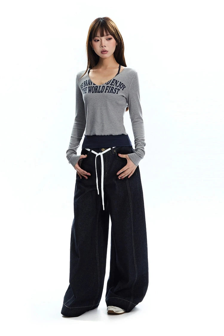 string belt wide denim pants