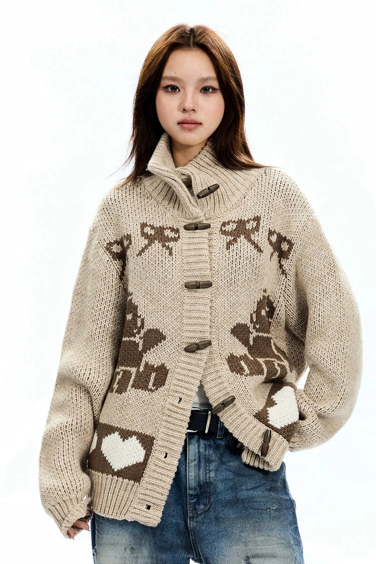 bear printed knitted cardigan